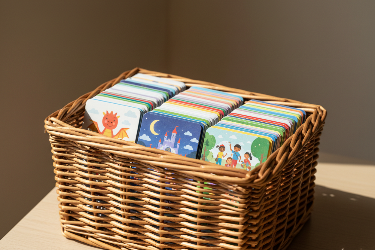a wicker basket full of yoto story cards