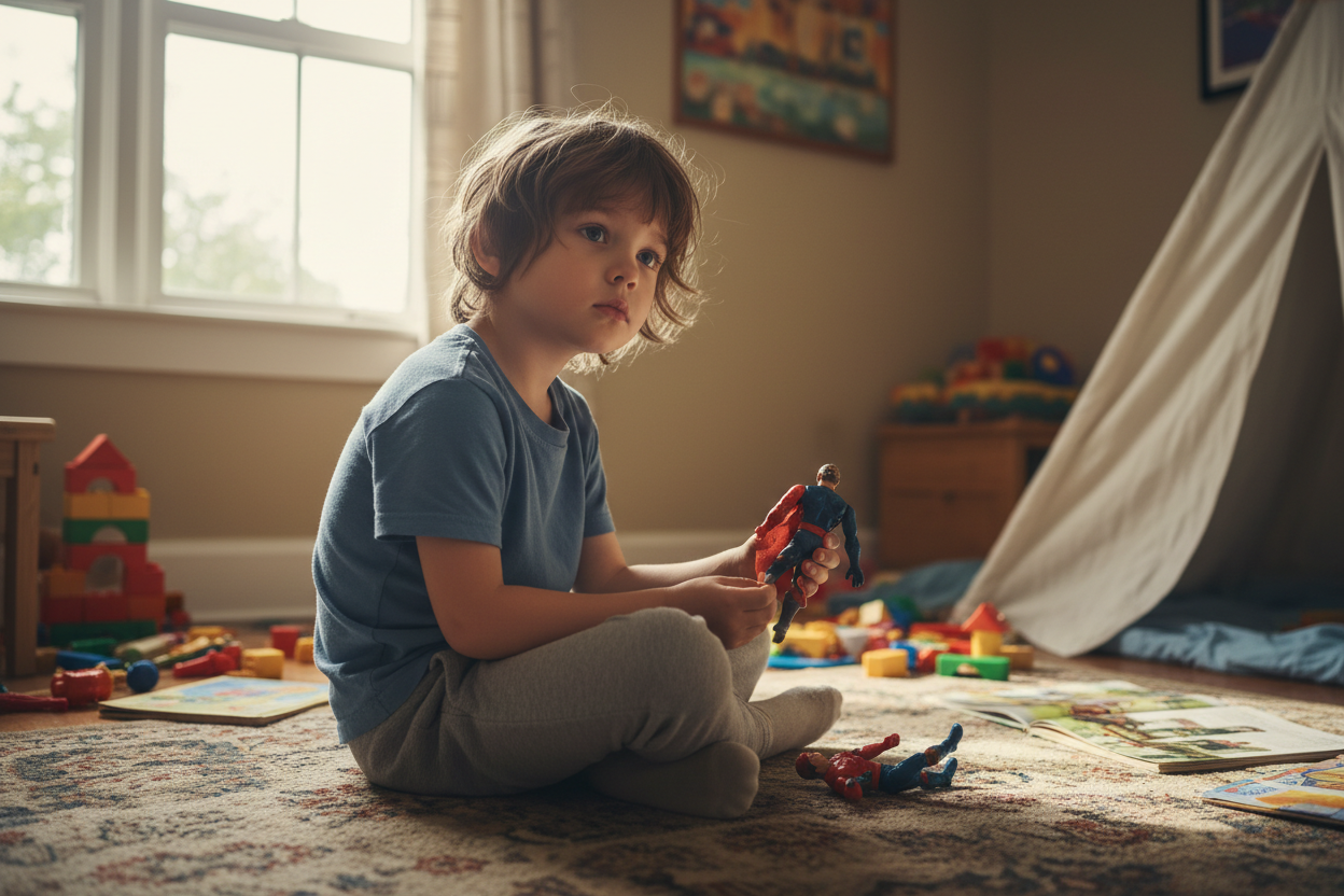 bored child with a toy figurine