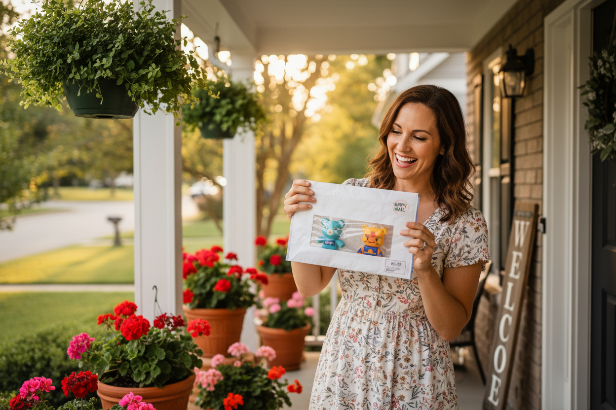 change the box to a bubble mailer that looks like it's filled with a couple small toy figurines