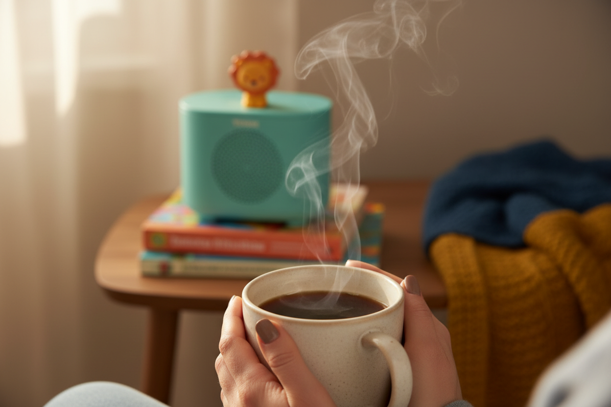 mother's hand holding a steaming cup of coffee with a toniebox playing in the background